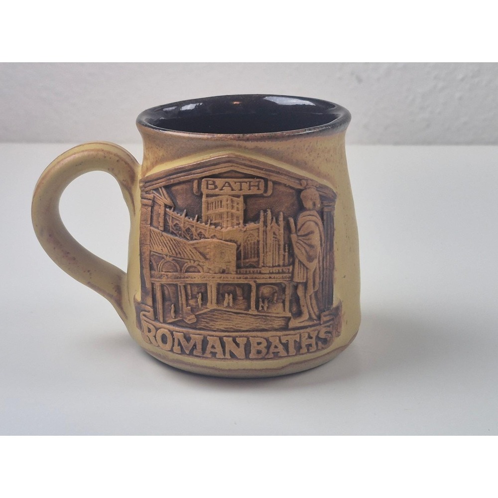 Roman Baths Bath England Studio Pottery Mug‎ Embossed Relief Souvenir Tan Brown